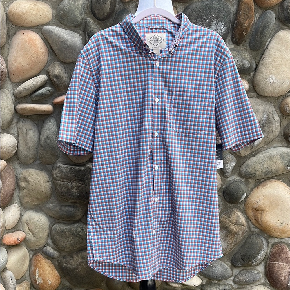 St John’s Bay Red Blue Gingham Short Sleeve Shirt Large Tall NWOT